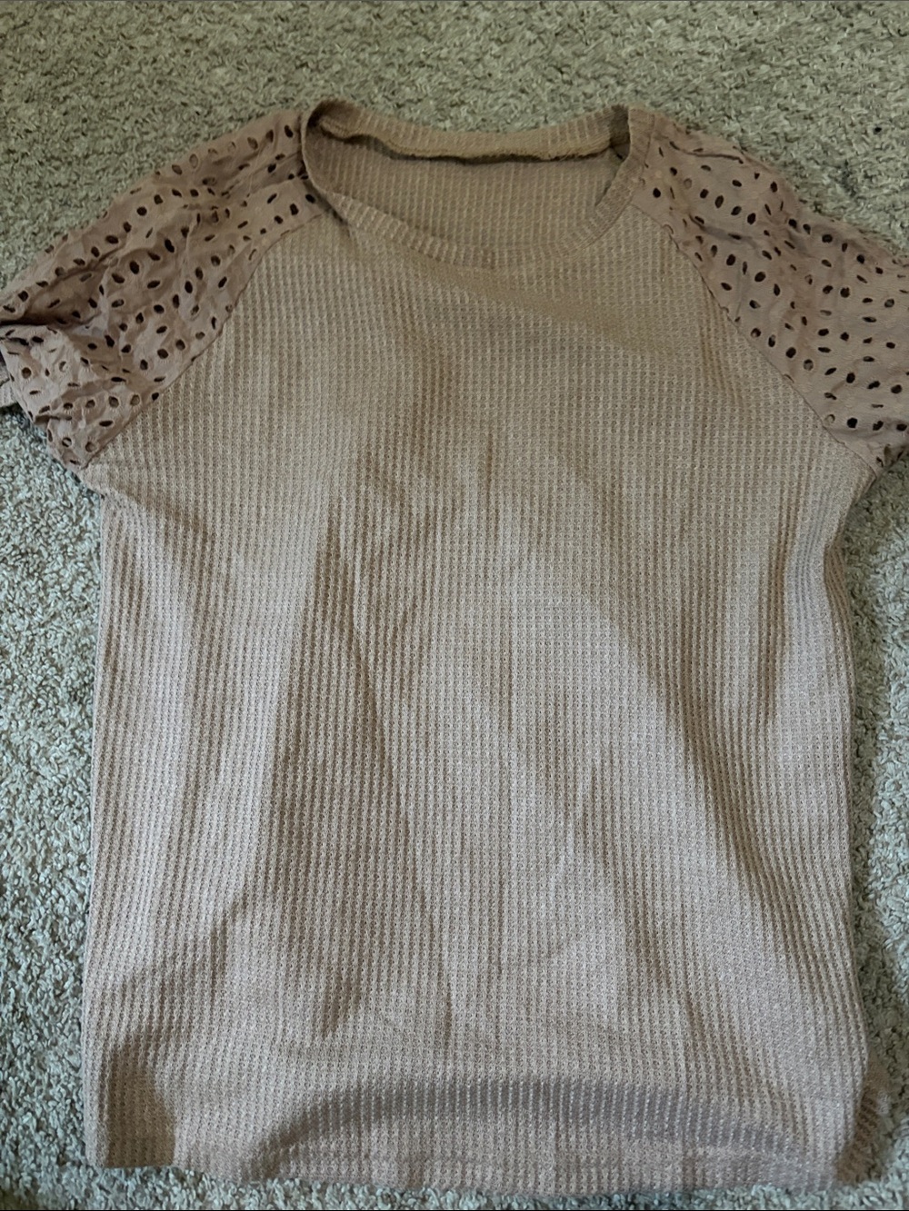 Waffle Knit Short Sleeve Top with Eyelet Sleeves - Tan